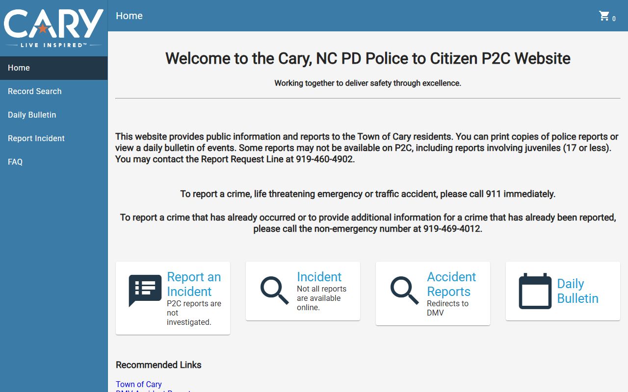 Cary Police P2C portal for searching background check records