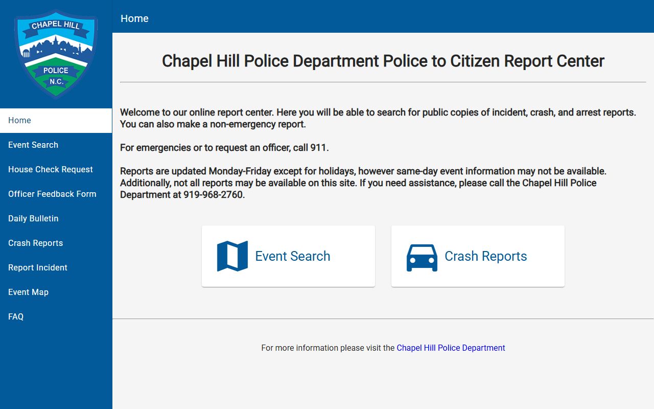 Chapel Hill Police P2C portal for background check searches