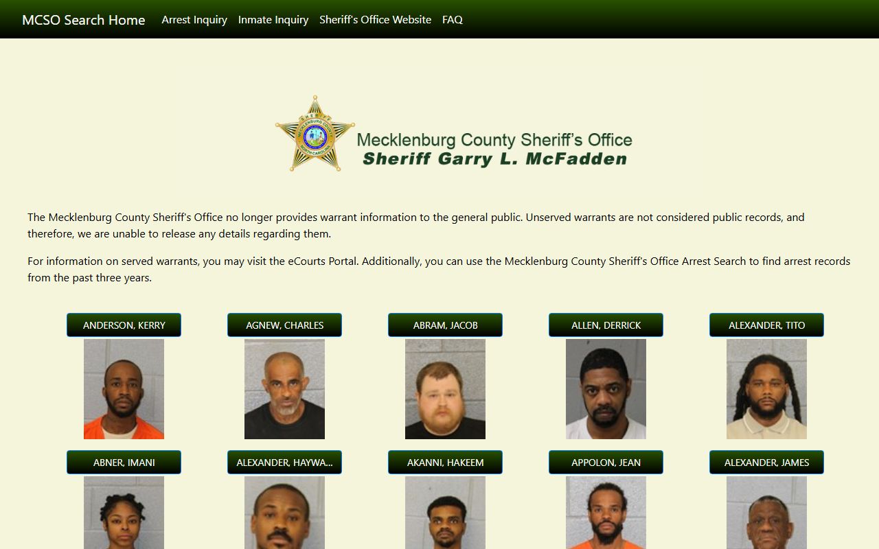 Mecklenburg County Sheriff website for Charlotte background check records