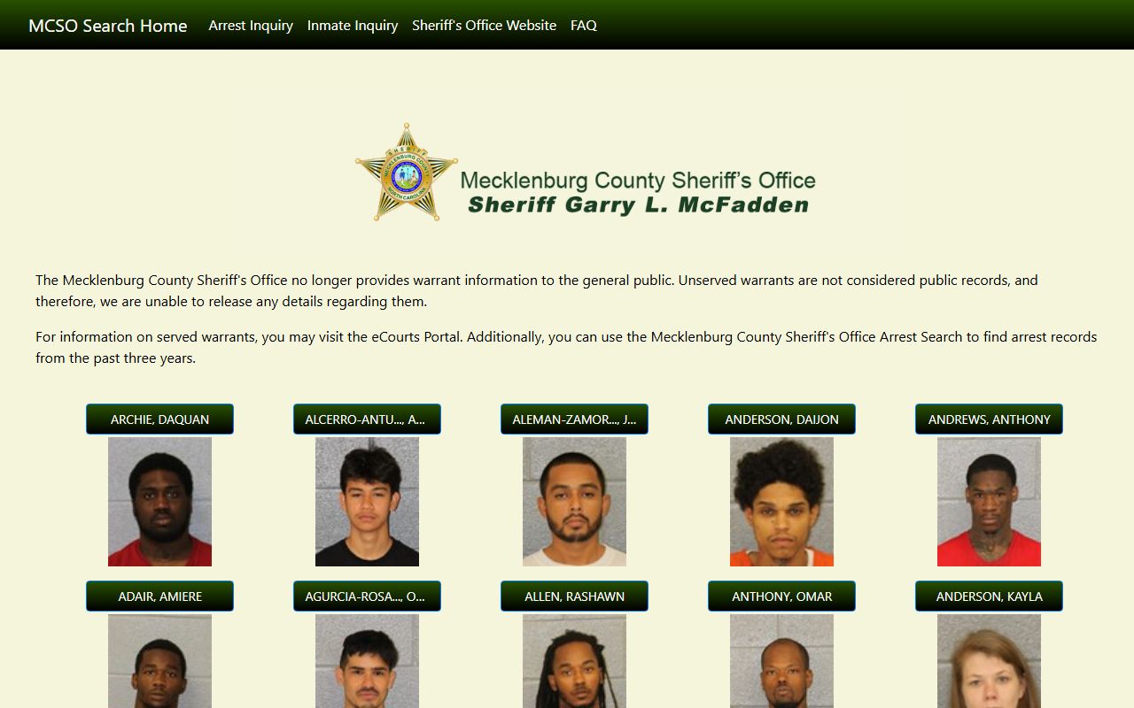 Mecklenburg County Sheriff website for Huntersville background check records