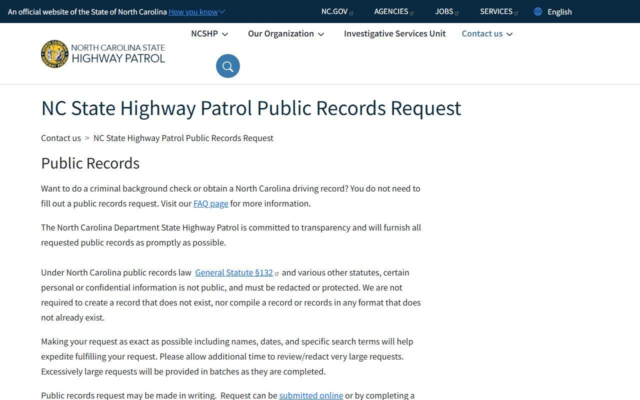 NC State Highway Patrol public records request page for Raleigh background checks