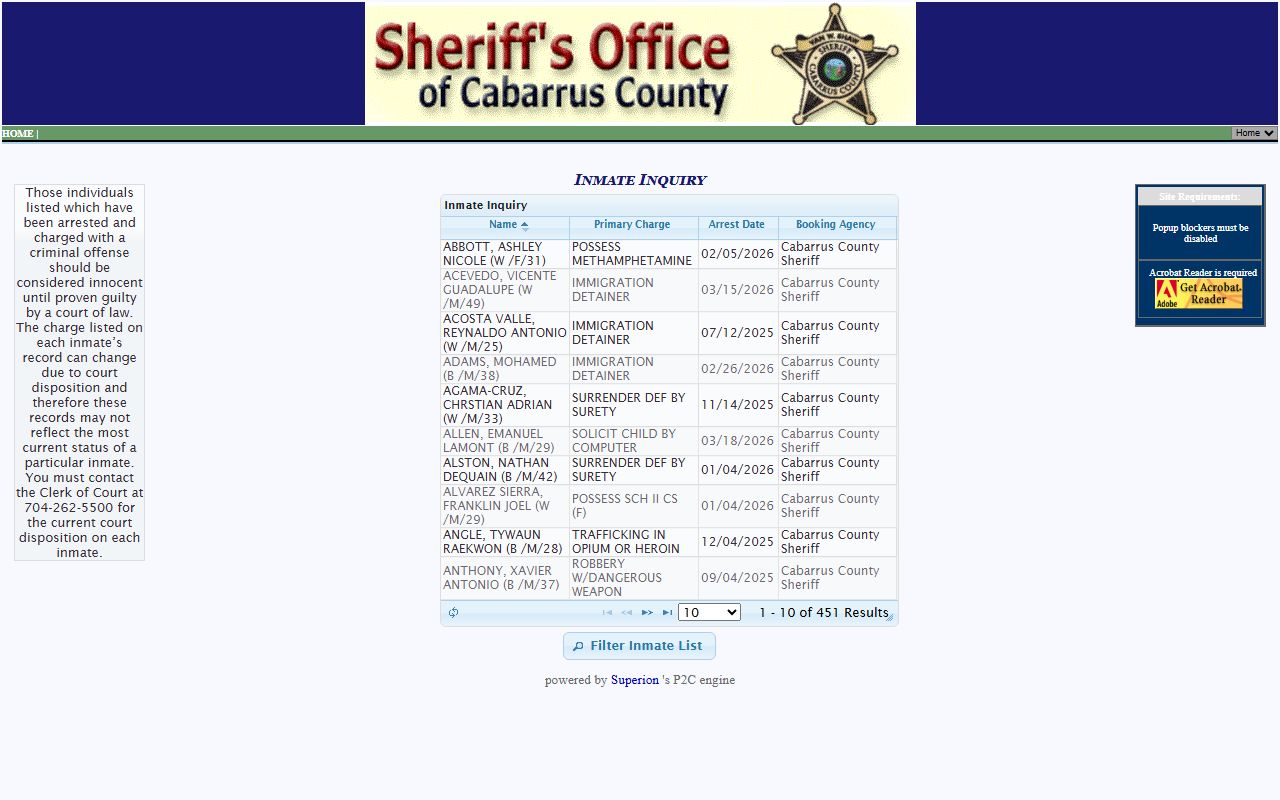 Cabarrus County P2C inmate search tool