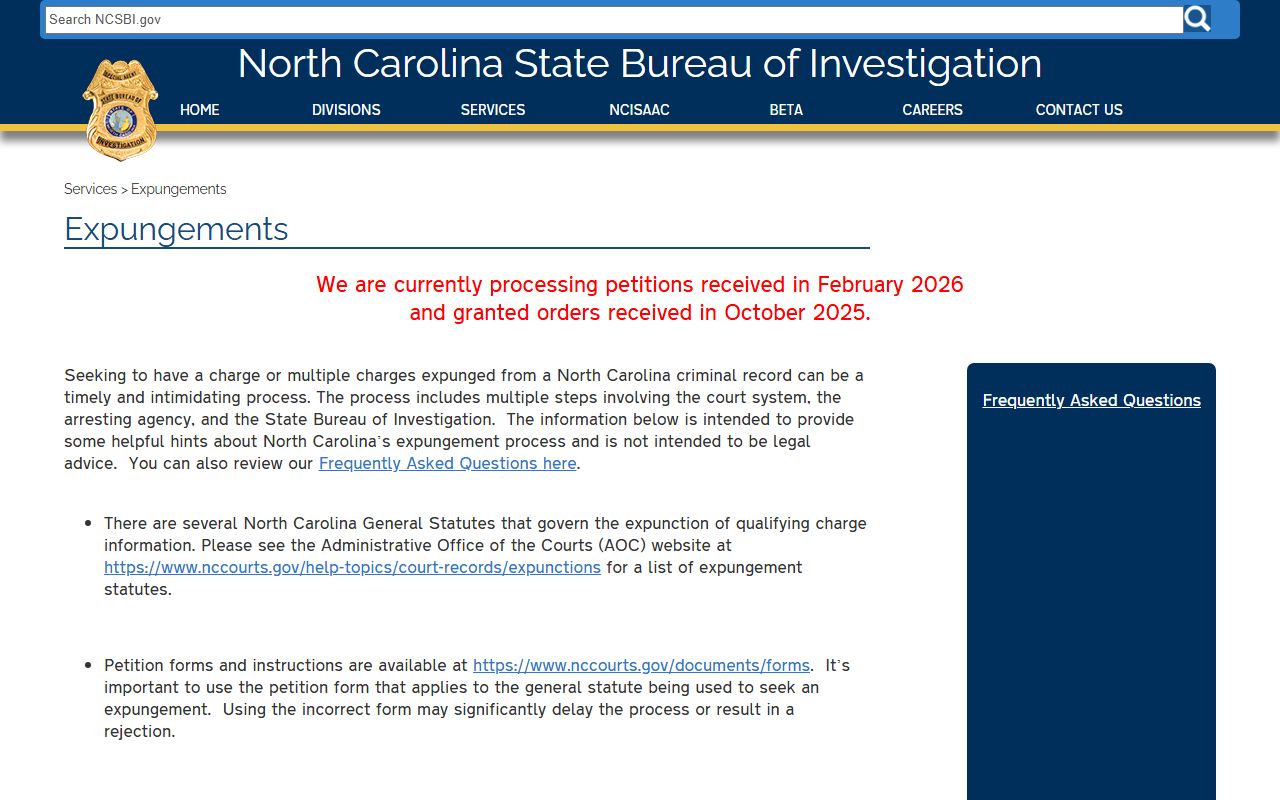 North Carolina SBI expungement processing for background check records