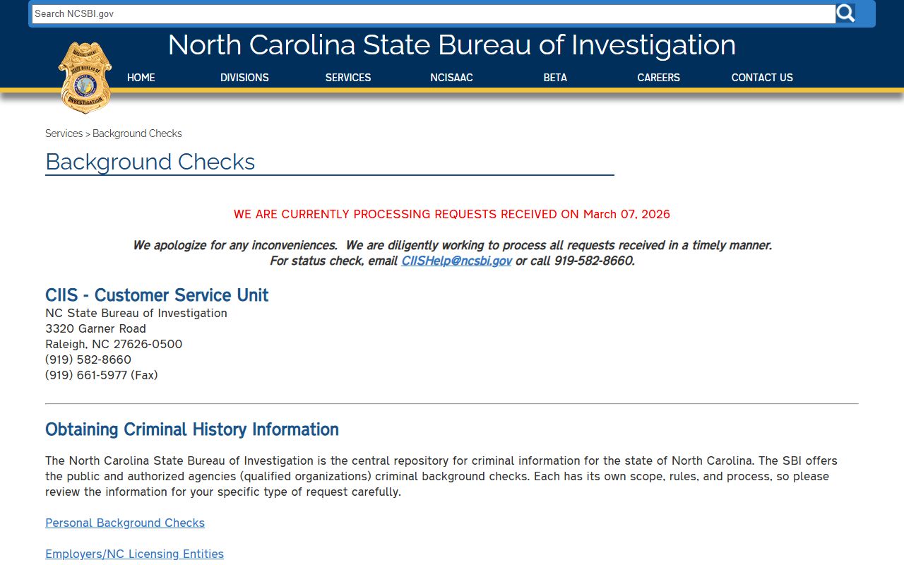 North Carolina SBI background check services page